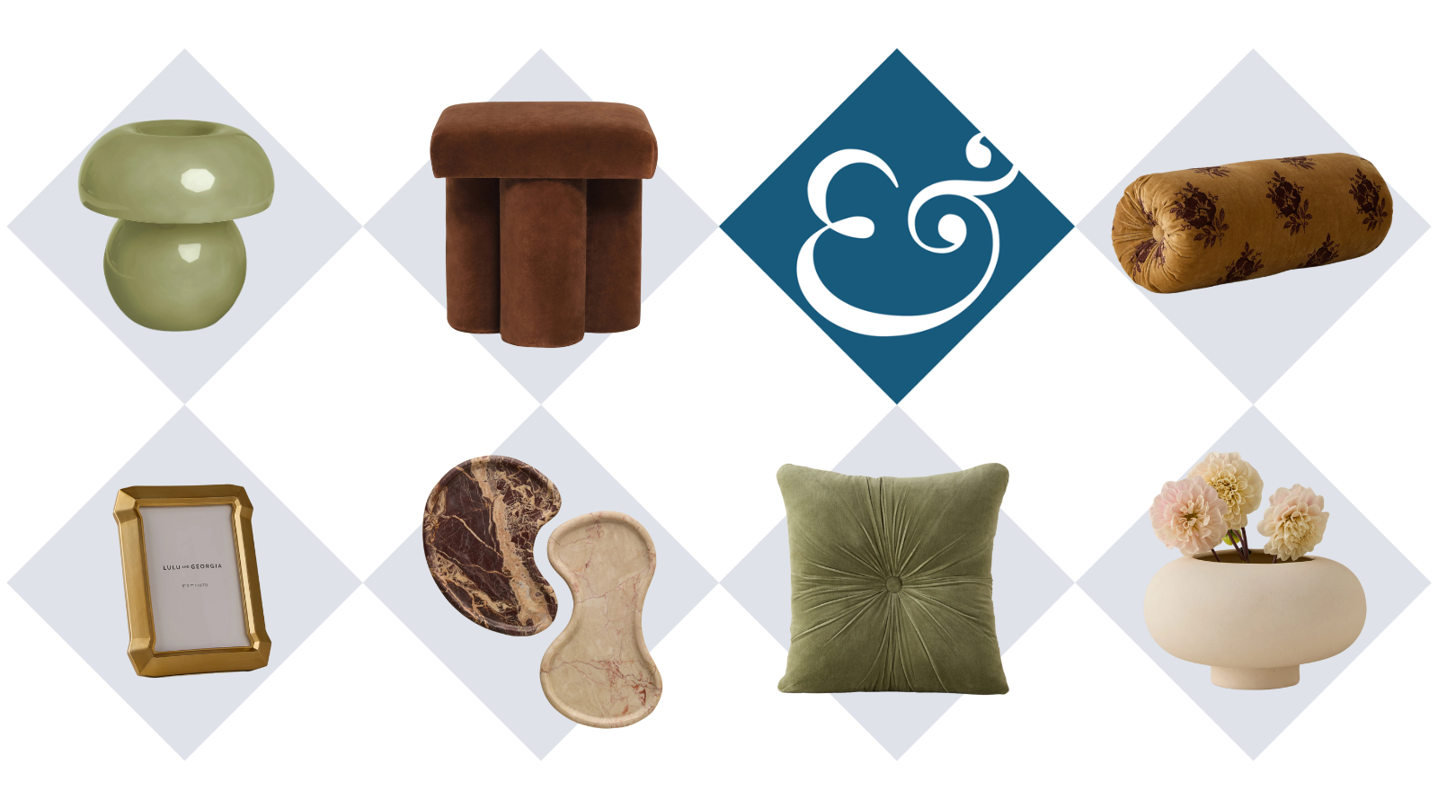 a collection of home decor items in shades of green, brown, and beige
