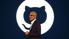 Microsoft CEO Satya Nadella pictured in front of the GitHub logo while speaking at a company event on AI technologies in Jakarta, Indonesia.
