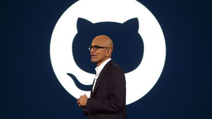 Microsoft CEO Satya Nadella pictured in front of the GitHub logo while speaking at a company event on AI technologies in Jakarta, Indonesia.