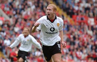 Paul Scholes celebrates after scoring for Manchester United against Charlton Athletic in September 2002.