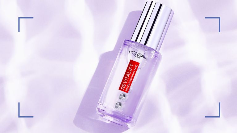 L'Oréal Paris Revitalift Eye Serum on a purple background