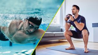 Split image of a man swimming and a man doing resistance training with a kettlebell, a complementary exercise pairing