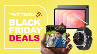 A Z Flip 7, Galaxy Watch8 Classic, and Galaxy Tab next to a Black Friday deals sign.