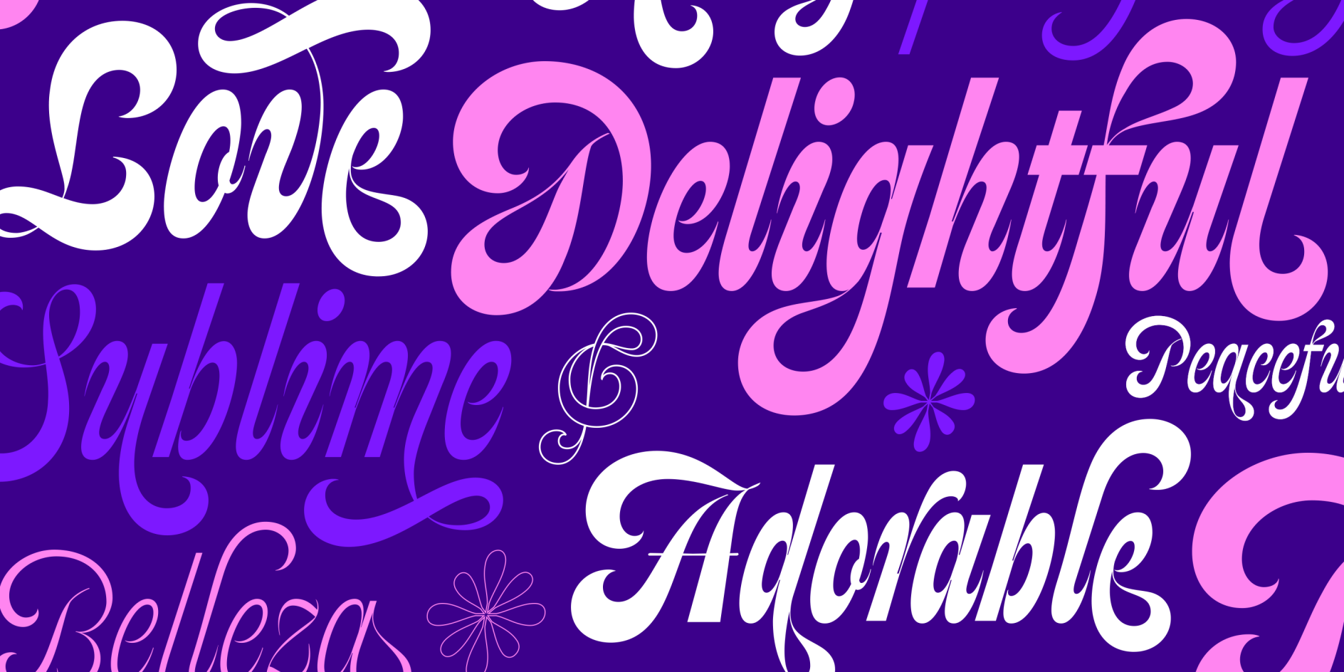A vibrant, purple-toned typographic collage featuring expressive, swirling 1970s-style script and display typefaces with words like "Love," "Delightful," and "Adorable."