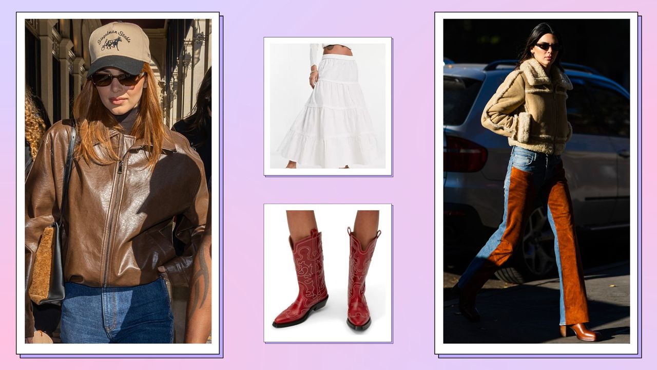 Coastal-cowgirl aesthetic: Kendall Jenner pictured wearing jeans and brown leather jacket and suede jacket along with pictures of Ganni&#039;s red cowboy boots and a white tiered skirt from Collusion/ in a purple and pink template