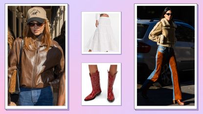 Coastal-cowgirl aesthetic: Kendall Jenner pictured wearing jeans and brown leather jacket and suede jacket along with pictures of Ganni's red cowboy boots and a white tiered skirt from Collusion/ in a purple and pink template