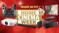 An image of various home cinema products on a red background