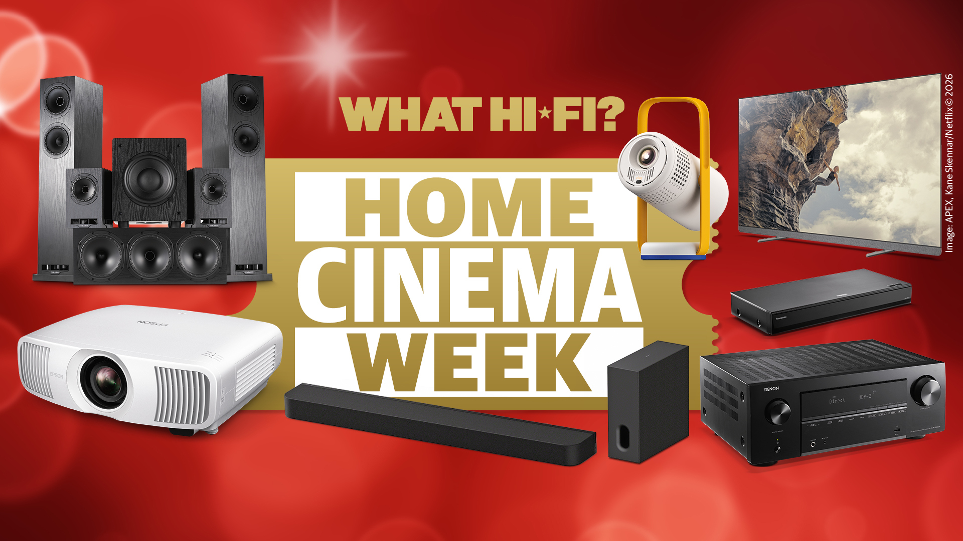 An image of various home cinema products on a red background