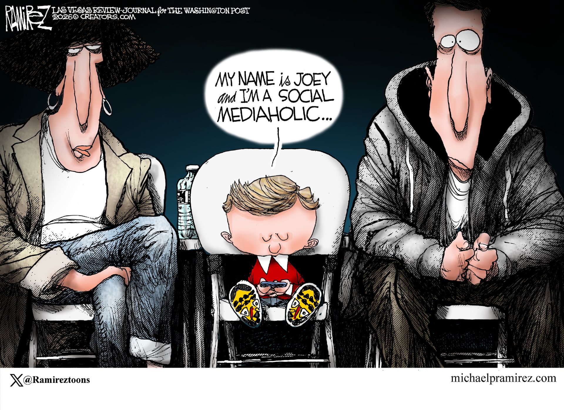 
                                This cartoon depicts a young boy sitting between two adults. The young boy has a cell phone and says, “My name is Joey and I’m a social mediaholic.”
                            