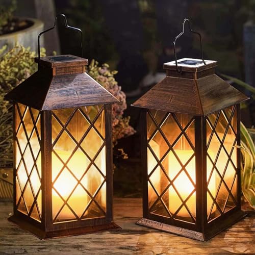 [2 Pack] Take Me 14" Solar Lantern Outdoor Garden Hanging Lantern Waterproof Led Flickering Flameless Candle Mission Lights for Table,outdoor, Mothers Day Gifts Mom Wife