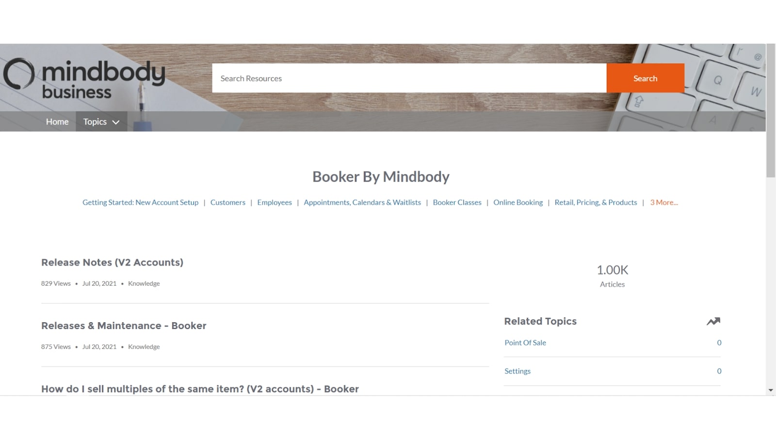 Booker POS mindbody support center screenshot