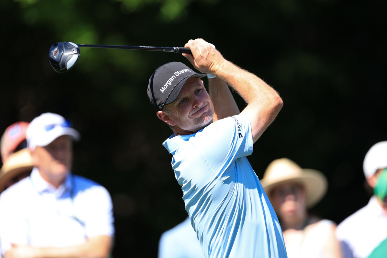 Justin Rose tees off on the 5th hole during the third round of the 2026 Masters Tournament at Augusta National Golf Club