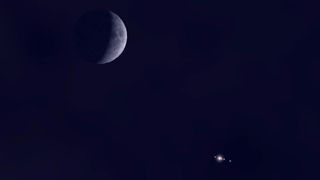 On Oct. 3, 2019, the waxing crescent moon will pass less than 2 degrees from the planet Jupiter. With binoculars or a telescope, you may be able to see Jupiter's four Galilean moons, too.