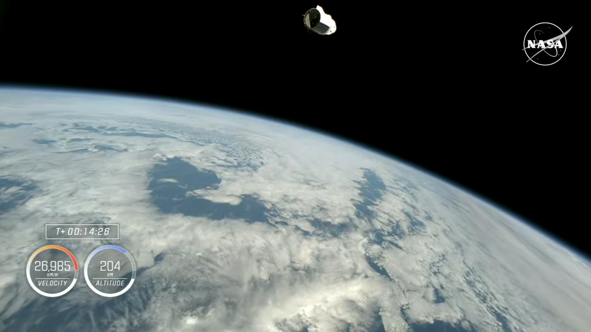 A SpaceX Dragon space capsule above the Earth with the black of space in the background for Crew-9 launch.