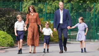 Prince George, Princess Charlotte and Prince Louis, accompanied by their parents the Prince William, Duke of Cambridge and Catherine, Duchess of Cambridge, arrive for a settling in afternoon at Lambrook School