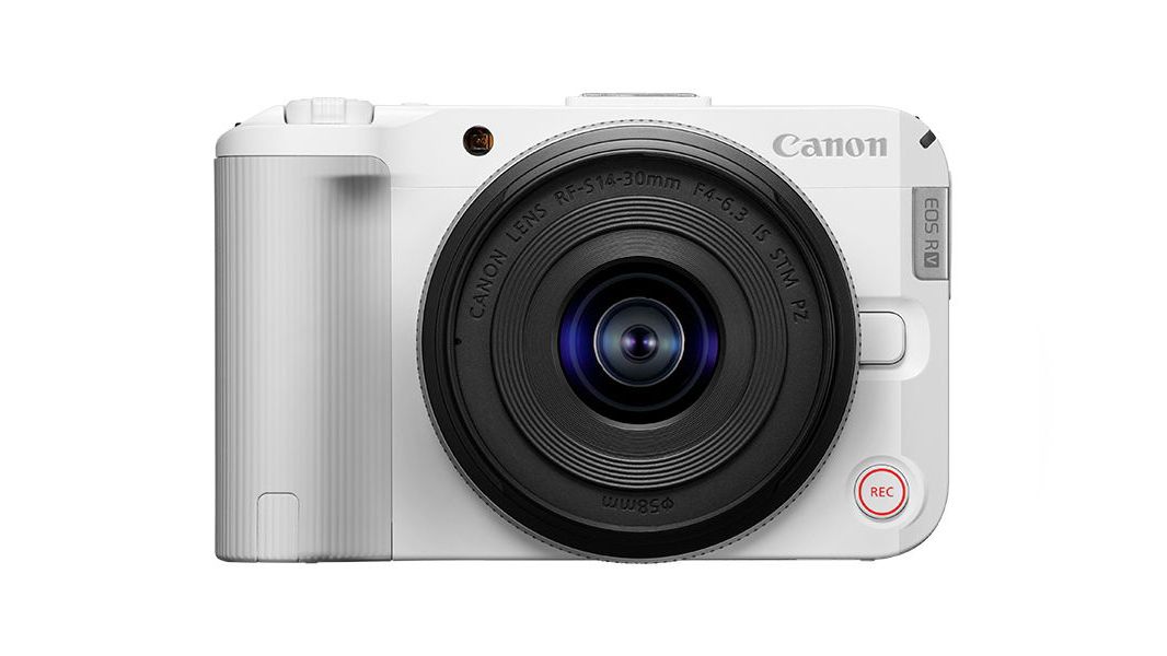 Canon EOS R50 V in white, against a white background