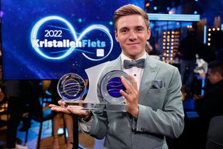 Remco Evenepoel celebrates winning the prize as Belgium's top male cyclist at the 2022 Crystal Bike awards