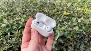 Apple AirPods Pro 2 in their case in front of a bush