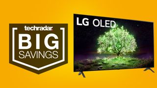 LG A2 OLED TV on a TechRadar yellow deals background