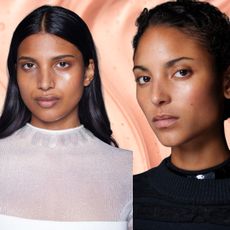 Three models with glowing skin in front of a pink background with a skin care product swatch. 