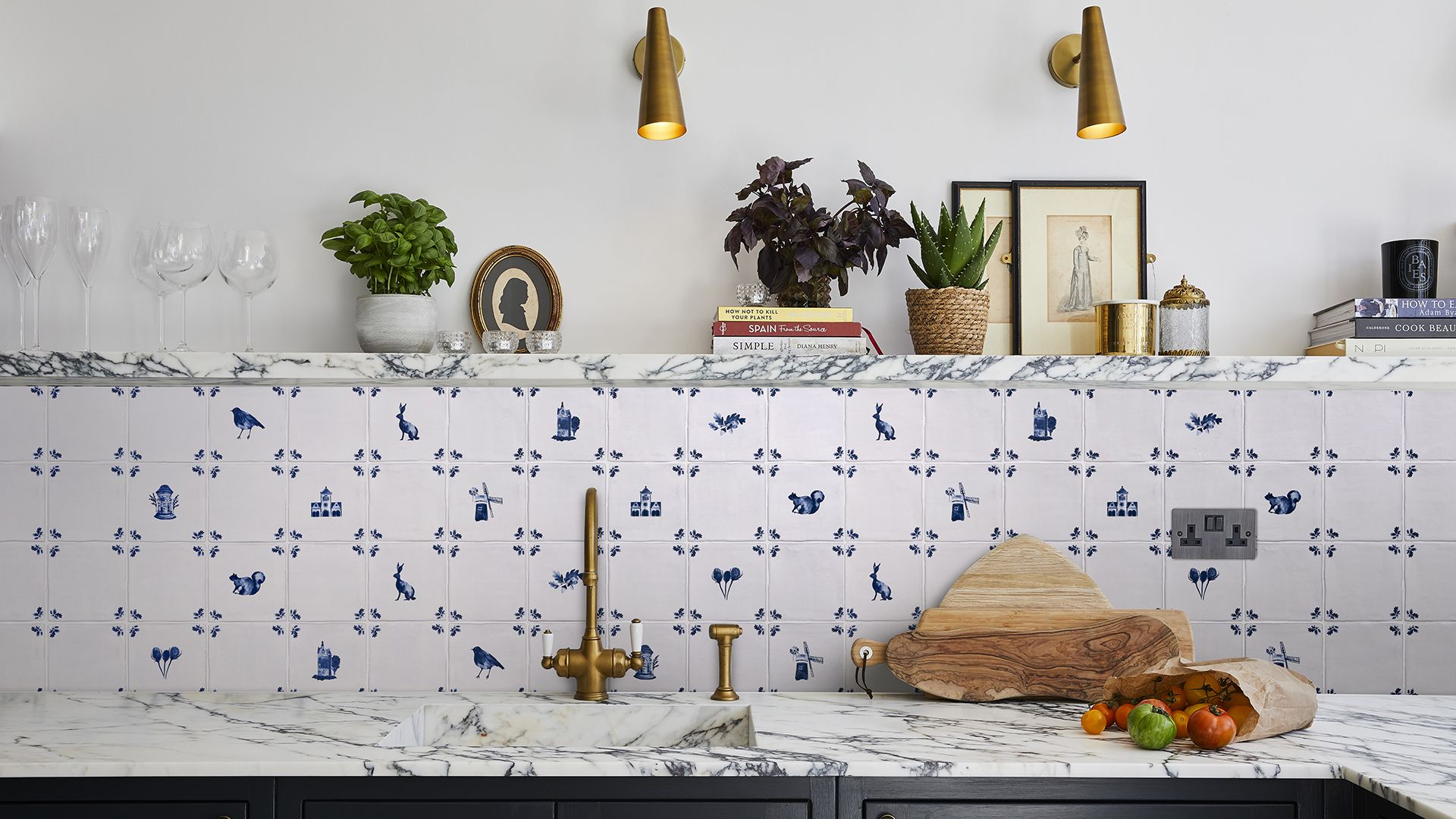 Hand-Painted Blue and White Delft Tile Kitchen Backsplash