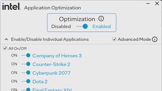 A cropped screenshot of Intel's Application Optimizer tool for games