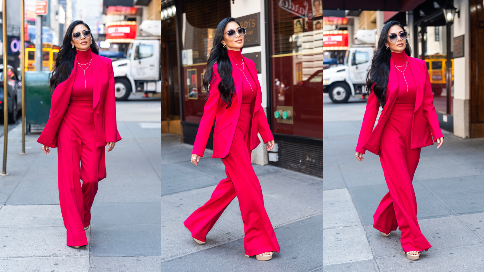 Nicole Scherzinger wearing tonal colour block outfit