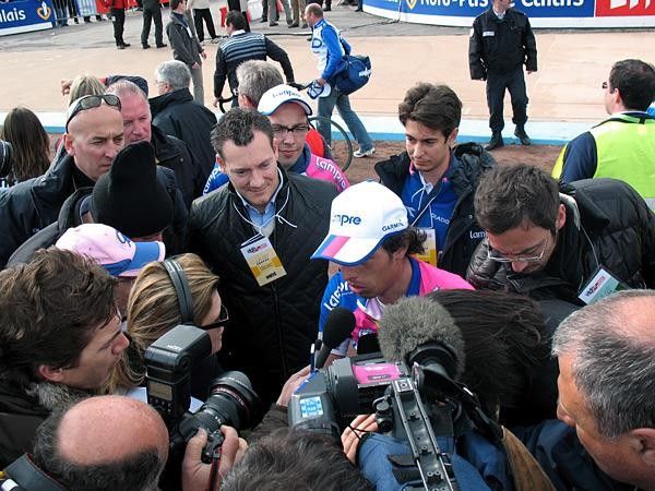 Alessandro Ballan (Lampre) talks with the press after his third place in Paris-Roubaix
