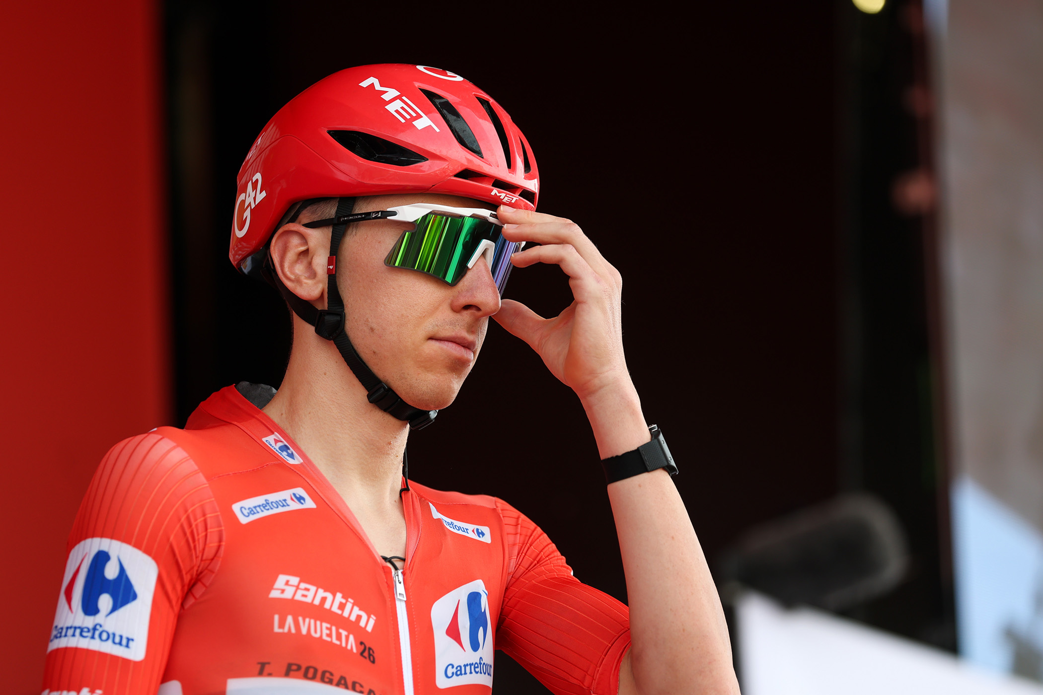 VALL D'ALBA, SPAIN - AUGUST 28: Tadej Pogacar of Slovenia and UAE Team Emirates XRG - Red Leader Jersey prior to the La Vuelta - 81st Tour of Spain 2026, Stage 7 a 149.48m stage from Vall d'Alba to Aramon Valdelinares 1965m / #UCIWT / on August 28, 2026 in Vall d'Alba, Spain. (Photo by Alexander Hassenstein/Getty Images)