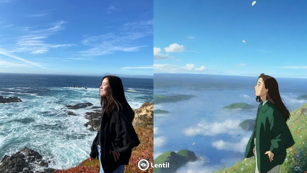 Original image (left) and image generated by Lens AI: Photo Art Generator (right) made to look like a scene inspired by Studio Ghibli