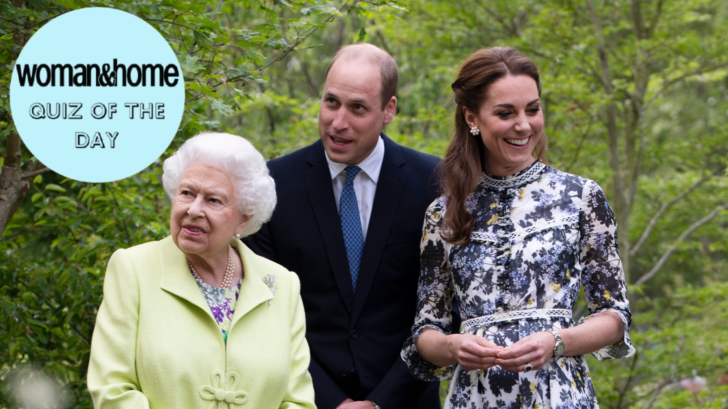 Queen Elizabeth is shown around by Prince William and Catherine at the RHS Chelsea Flower Show 2019 on May 20, 2019, with a quiz of the day roundel over the top