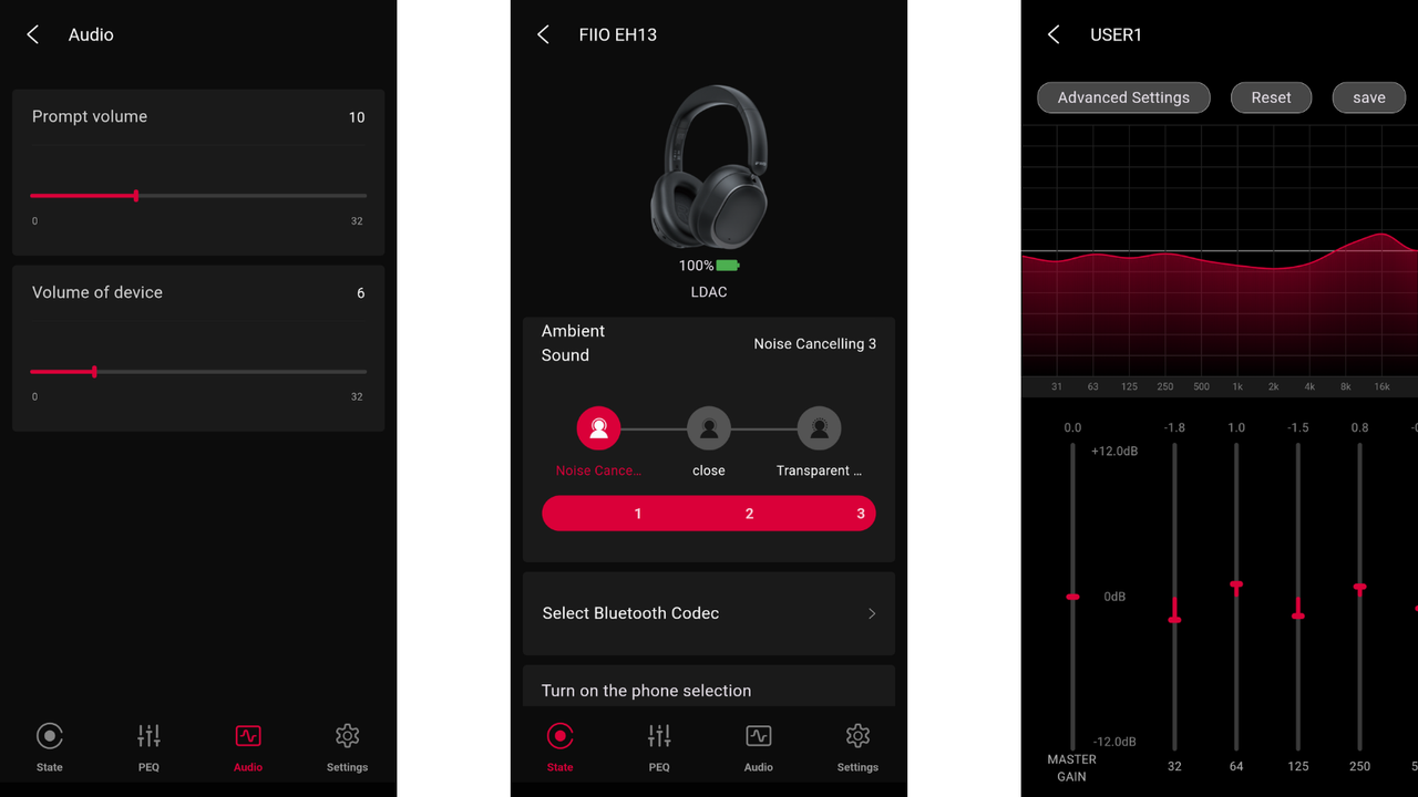 Screenshots of the FiiO Control app showing EQ settings and home screen
