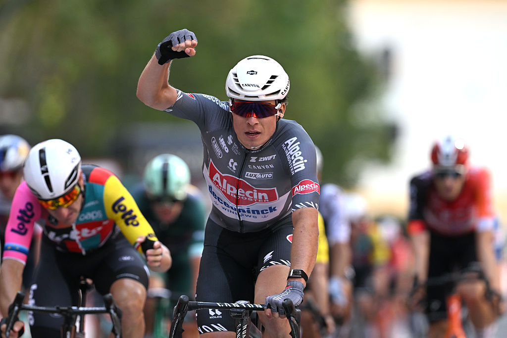 ZARAGOZA, SPAIN - AUGUST 30: Jasper Philipsen of Belgium and Team Alpecin - Deceuninck celebrates at finish line as stage winner during the La Vuelta - 80th Tour of Spain 2025, Stage 8 a 163.5km stage from Monzon Templario to Zaragoza / #UCIWT / on August 30, 2025 in Zaragoza, Spain. (Photo by Dario Belingheri/Getty Images)