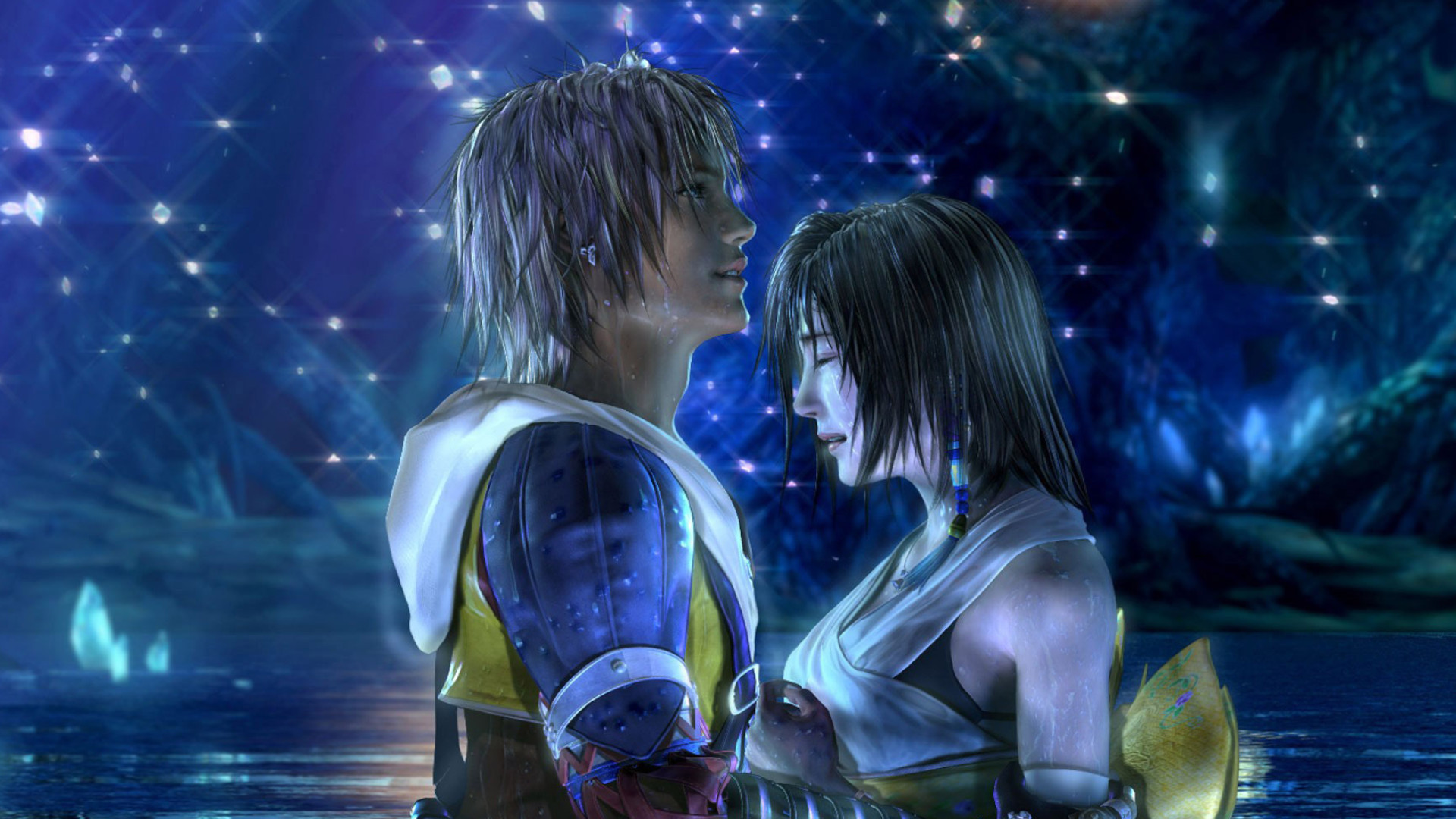 Tidus and Yuna in a pool of water together during a scene in the RPG Final Fantasy 10 HD Remaster