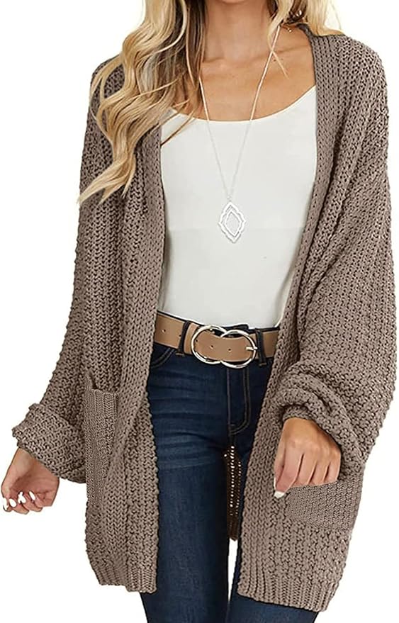 MEROKEETY, Merokeety Women&#039;s 2025 Fall Open Front Chunky Knit Sweater Oversized Lantern Sleeve Cardigan Outwear, Mocha, Medium