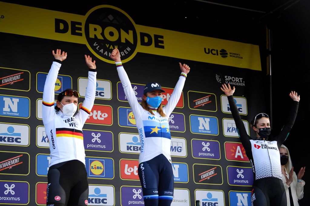 OUDENAARDE BELGIUM APRIL 04 Podium Lisa Brennauer of Germany and Ceratizit WNT Pro Cycling Team Annemiek Van Vleuten of Netherlands and Movistar Team Women Grace Brown of Australia and Team BikeExchange Celebration during the 18th Ronde van Vlaanderen Tour of Flanders 2021 Womens Elite a 1524km race frim Oudenaarde to Oudenaarde Trophy Mask Covid Safety Measures RVV21 rondevanvlaanderen tourofflanders UCIWWT on April 04 2021 in Oudenaarde Belgium Photo by Tim de WaeleGetty Images