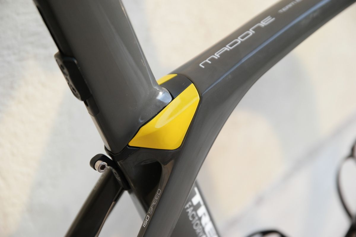 Trek's ISOspeed decouple was designed for the Domane but features on the new Madone. Note the integrated race number mount