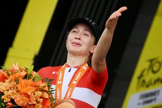 EPERNAY FRANCE JULY 26 Cecilie Uttrup Ludwig of Denmark and Team Fdj Nouvelle Aquitaine Futuroscope celebrates winning the stage on the podium ceremony after the 1st Tour de France Femmes 2022 Stage 3 a 1336km stage from Reims to pernay TDFF UCIWWT on July 26 2022 in Epernay France Photo by Dario BelingheriGetty Images