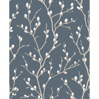 Superfresco Easy Karma Midnight blue wallpaper with a pattern of willow buds dusted with glitter