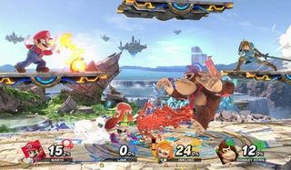 Mario, Link, Donkey Kong and Inkling Girl fighting in Super Smash Bros. Ultimate