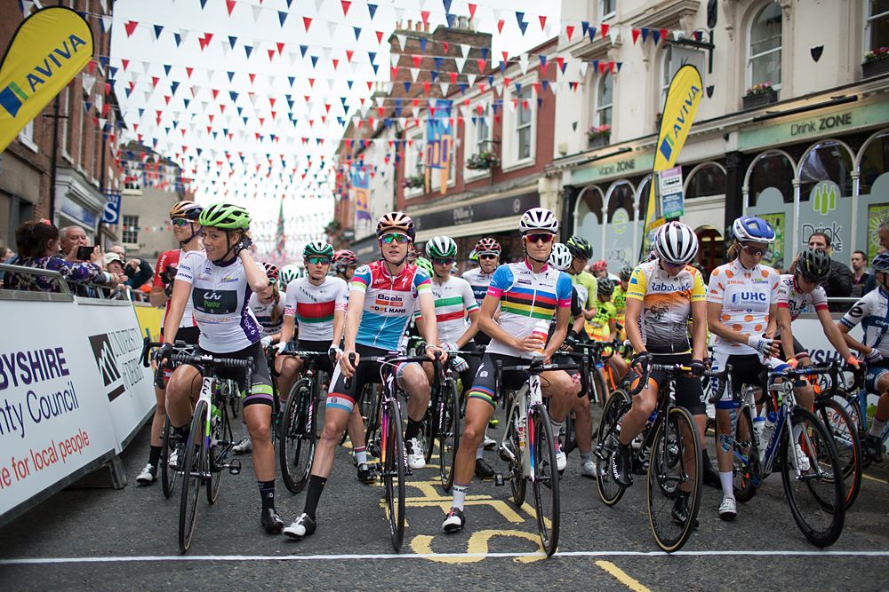The jersey wearers line up at the start line before the Aviva Women's Tour 2016 - Stage 3