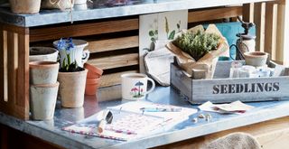 Zinc potting bench in a potting shed with garden trowle and seed packets and planner to show how to collect seeds for future planting