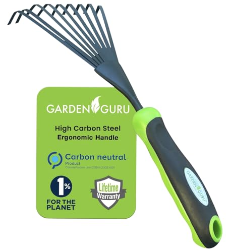 Garden Guru Hand Rake Soil Tiller Tool With Ergonomic Handle &amp;ndash; Strong Carbon Steel - Rust Resistant &amp;ndash; Great for Gardening, Cultivating, Loosening Soil &amp;amp; Spreading Mulch, Raking Flower Beds