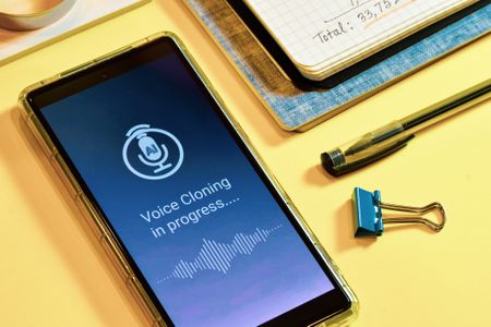 Phone with text "AI voice cloning in progress" on surface with office supplies