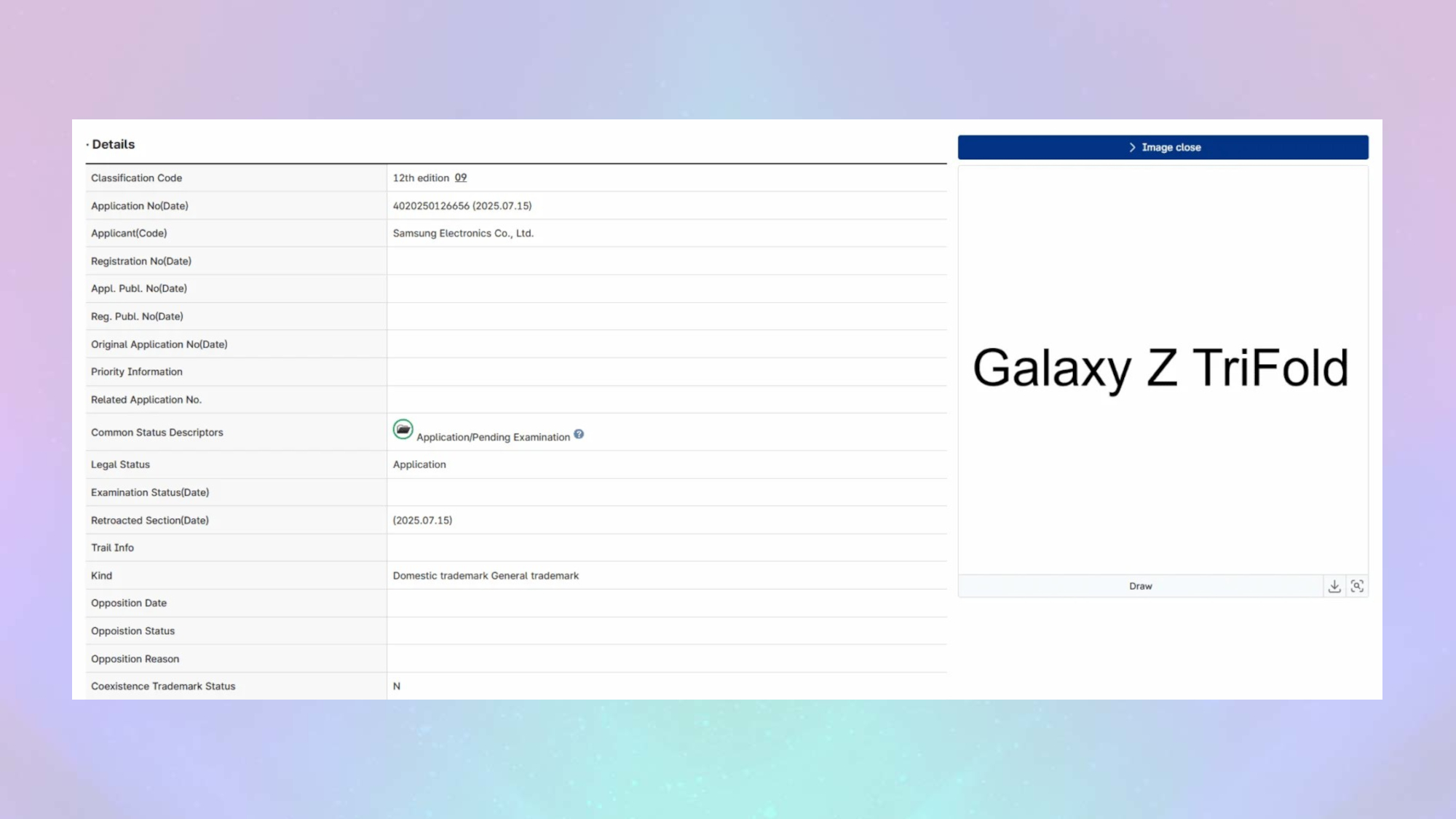 screenshot of the trademarked name for the Galaxy Z TriFold