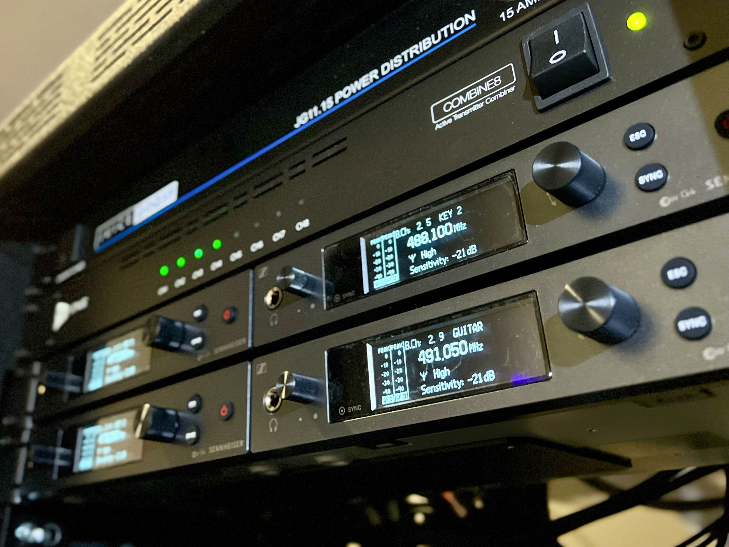 A pair of 8-channel RF Venue COMBINE8 wireless IEM transmitters and a passive 2x1Split splitter/combiner allow all of Nikao Church’s IEM transmitters to share a single antenna.