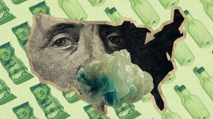 Photo collage of a balled up wad of plastic over the top of a paper shape of the USA, with the picture of George Washington from a hundred dollar bill overlaid on top if it. The plastic is making its way into his mouth.