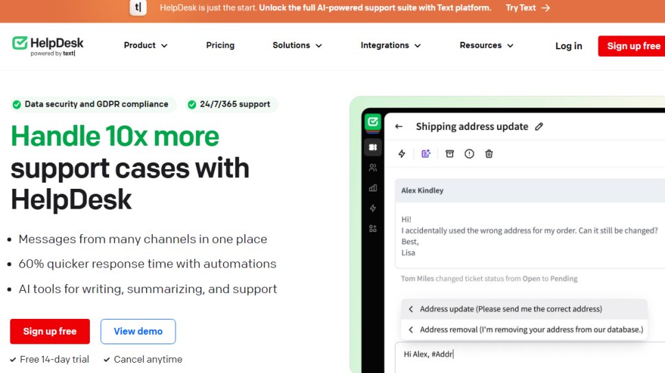 Website screenshot of HelpDesk (February, 2026)