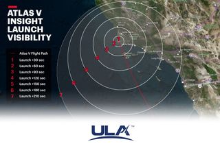 The launch of NASA's InSight Mars lander may be visible to potentially millions of spectators across Southern California during its predawn launch in May 2018. This United Launch Alliance map shows the range of visibility for the launch.