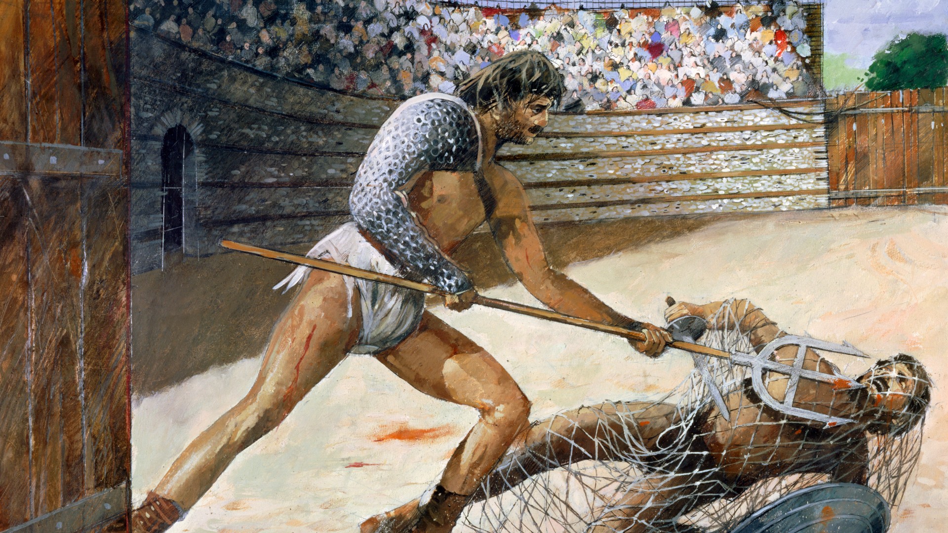 A painting of two Gladiators fighting from Silchester Roman City Walls and Amphitheatre